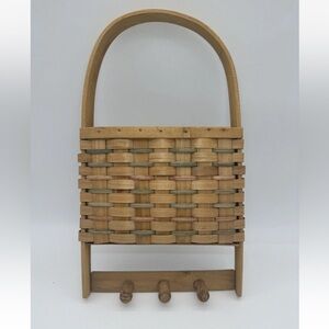 Vintage New England hand made wall hanging basket mail Color Weave Hooks Cottage